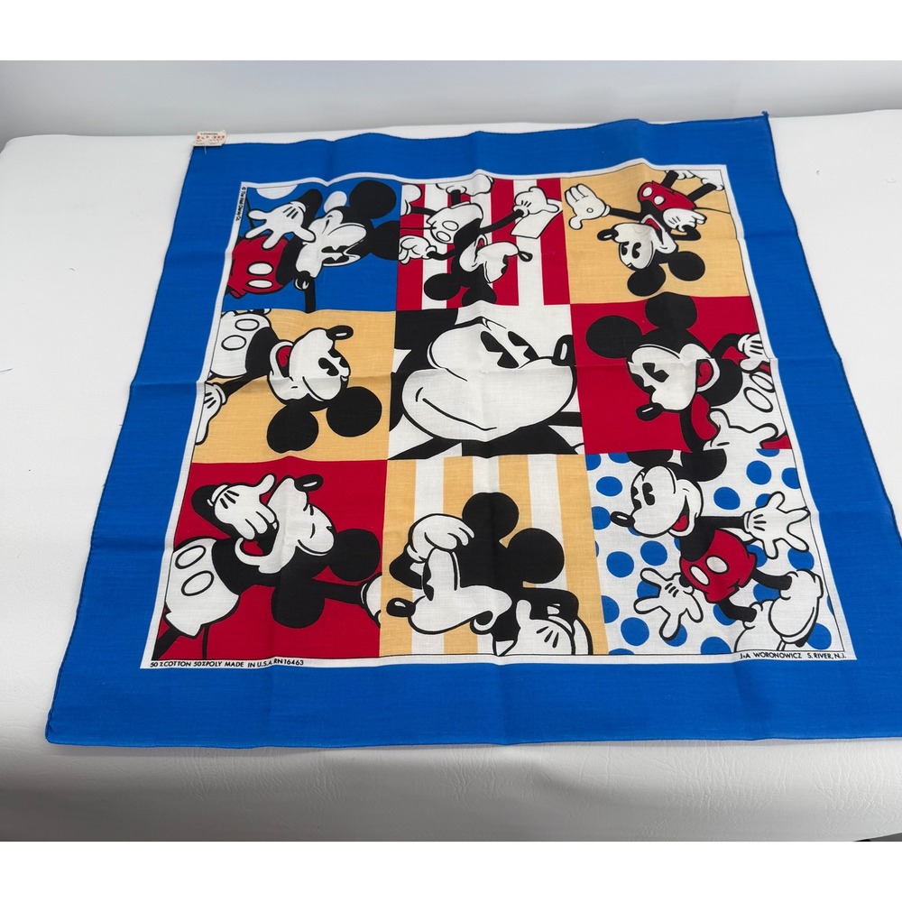 Walt Disney Co Mickey Mouse Bandana Scarf Blue Vintage Grid Made in USA New